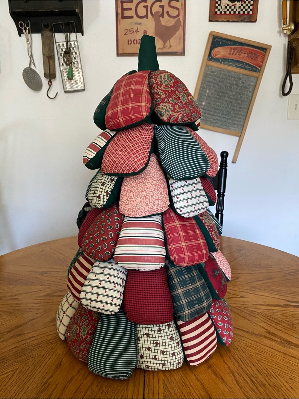 Vintage Handmade Patchwork Quilted Puff Fabric Christmas Tree Centerpiece 21”